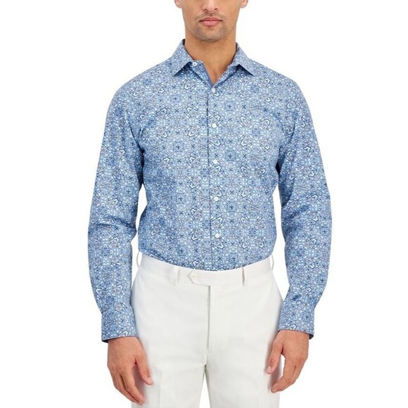 Bar III Men's Slim-Fit Stretch Butterfly Pattern Dress Shirt Blue Size M 15-15.5 - Picture 4 of 9